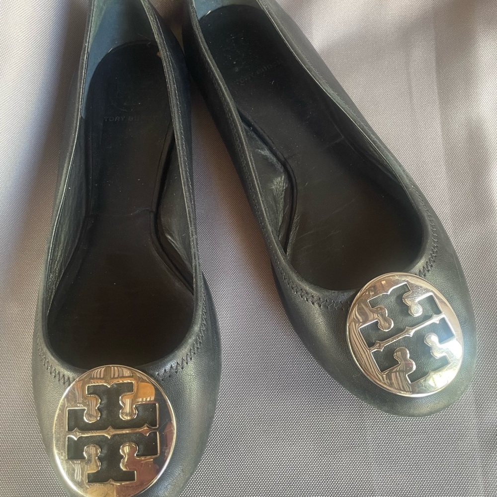 Tory Burch Black Leather Flats with Gold Logo Medallions